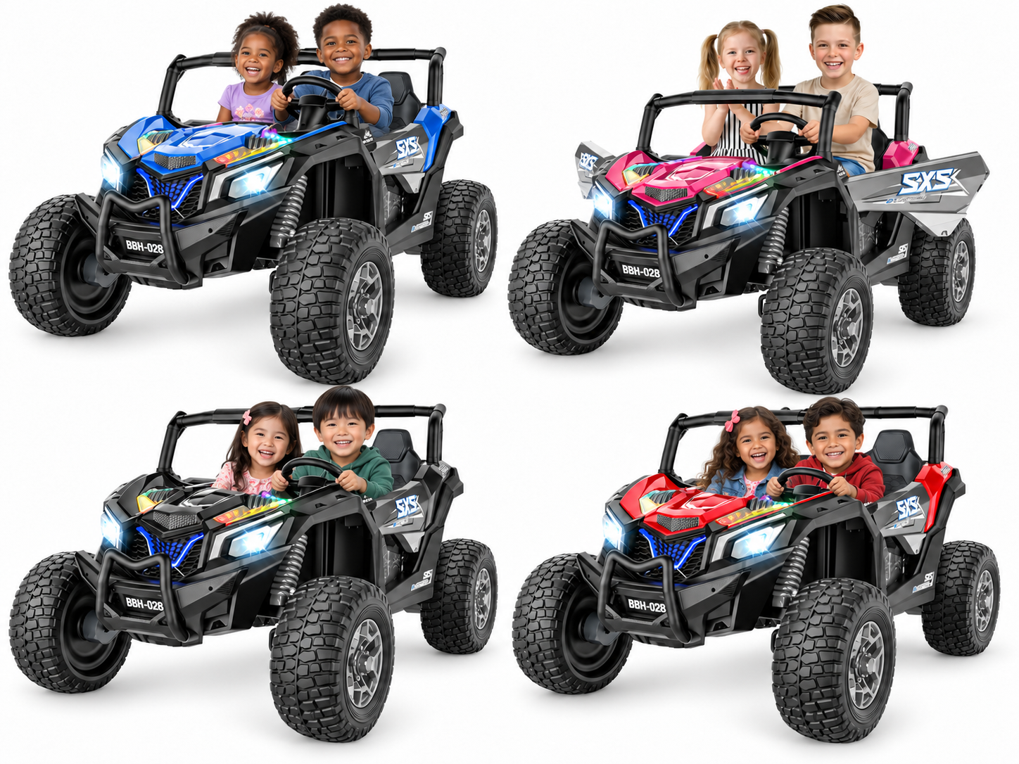 Two-seater kids' ride-on cars in blue, pink, black, and red available for rent in Lakeland, FL