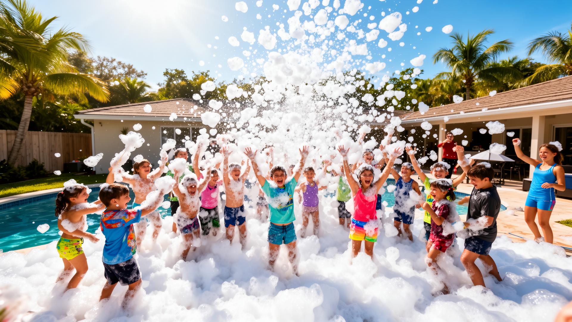 Foam party rentals Lakeland FL — kids cheering in white foam